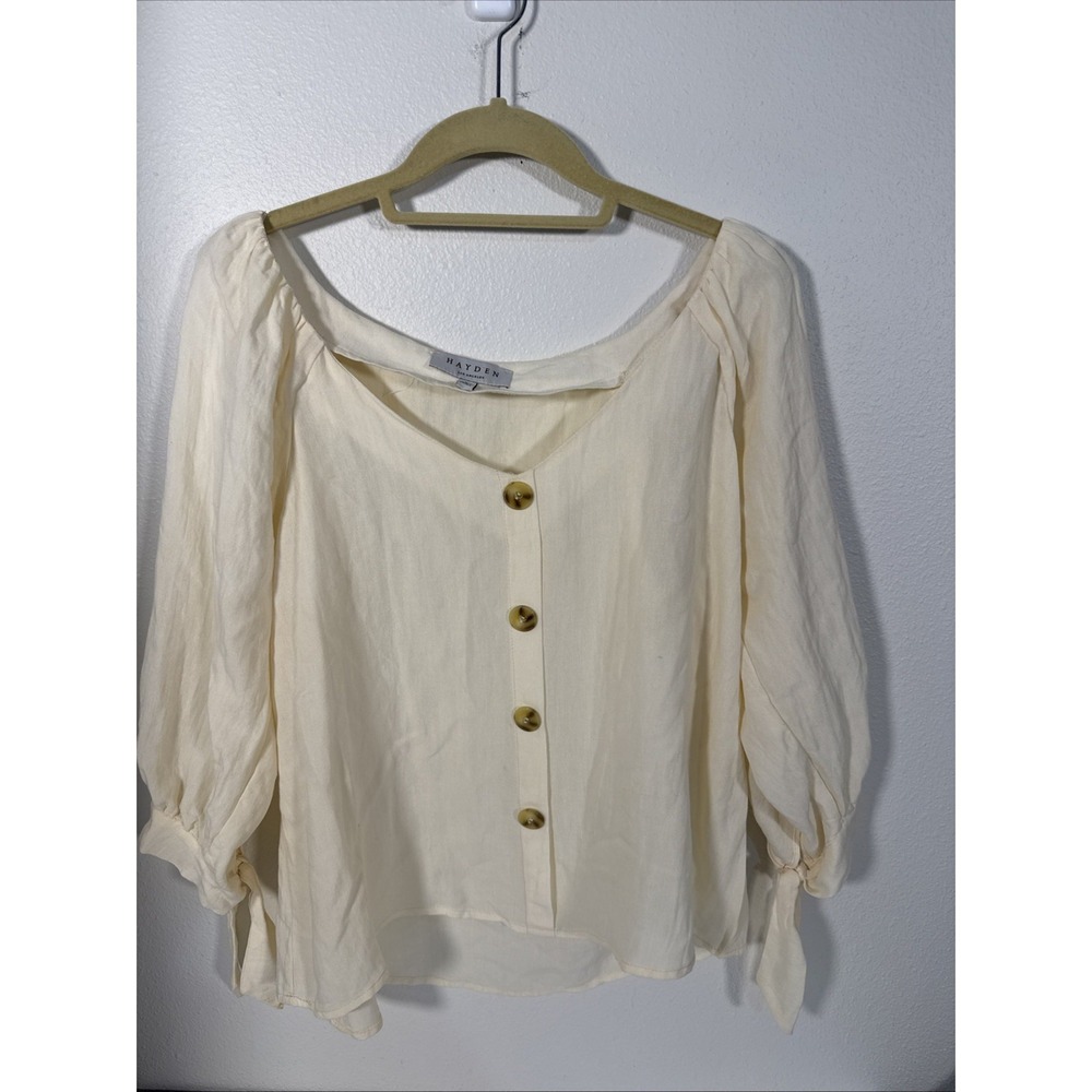 Hayden Los Angeles Sz Large Beige Button Boho Blouse Tie Sleeves 3/4 P1